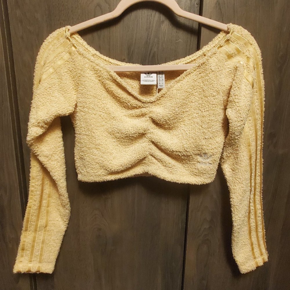 adidas Originals fuzzy knit Off The Shouler Crop Top Medium Teddy - Picture 2 of 8